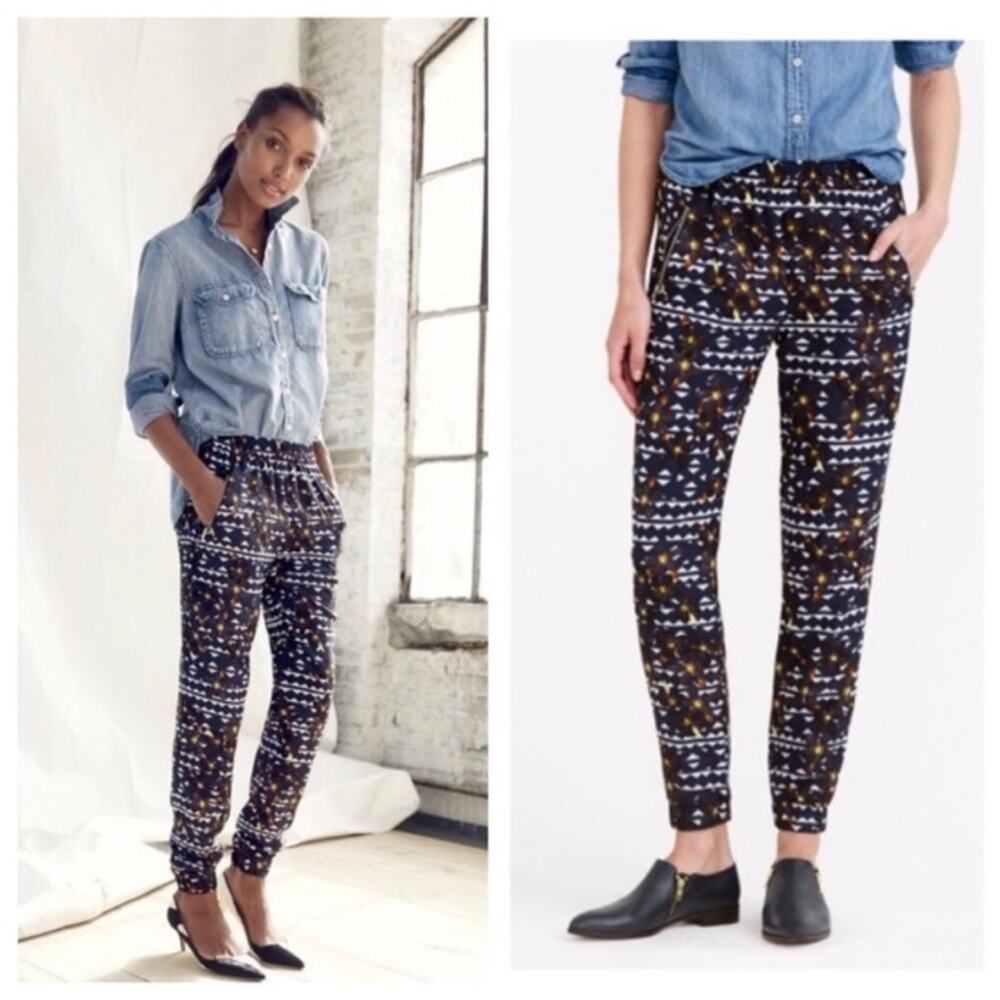 J Crew Turner Pant B0839 Hidden Floral Blue Geometric Print Jogger Pant Size 2